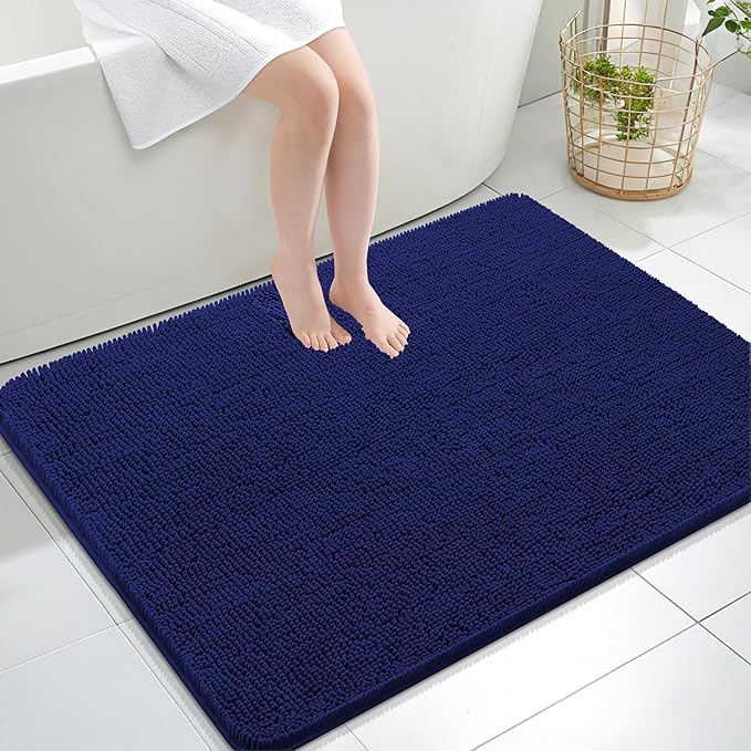 OLANLY Bathroom Rugs 40x32, Extra Soft Absorbent Chenille Bath Rugs, Rubber Backing Quick Dry, Machine Washable Bath Mats for Bathroom Floor, Tub and Shower, Home Decor Accessories, Navy