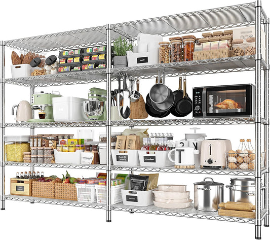 REIBII 69.8" W Storage Shelves 1510LBS Wire Shelving Unit 5 Tier Metal Shelving for Storage Rack Shelves Adjustable Heavy Duty Garage Shelf Pantry Shelves Kitchen Shelving,69.8"Wx15.8"Dx72.4"H,Chrome