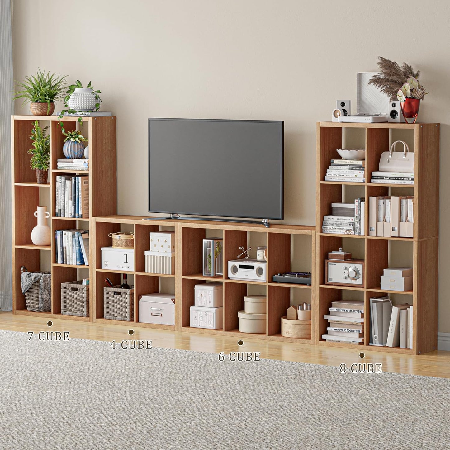 Cube Storage Organizer Bookcase, Decorative 11 inch Open Back Cubical Shelf with Thickened Border, Display Bookshelf for Living Room, Home Office, Sturdy Room (Natural Oak, 8 Cube)