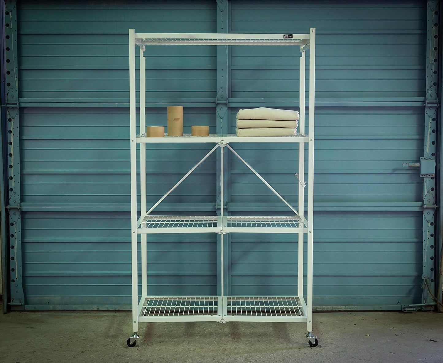 Origami 2-Pack R5 Storage Rack, 4-Tier Heavy-Duty Foldable Steel Shelf with Wheels, White