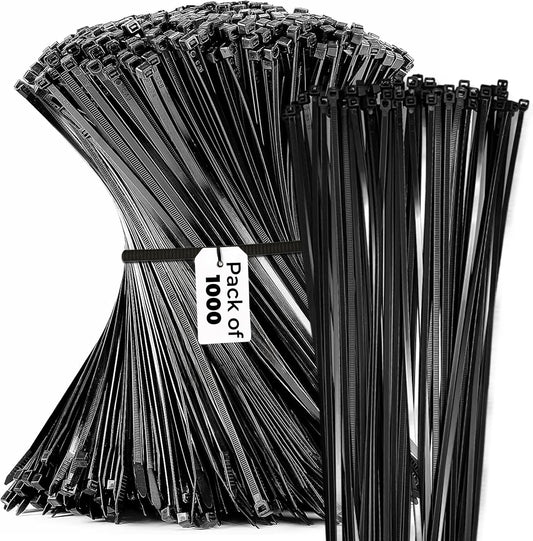 Bolt Dropper 1000-Piece Set of 8 Inch Black Zip Ties Heavy Duty - Self-Locking, UV-Resistant Nylon Cable Ties for Indoor and Outdoor Use, Ideal for Organizing, Securing, and Bundling Wires and Cables