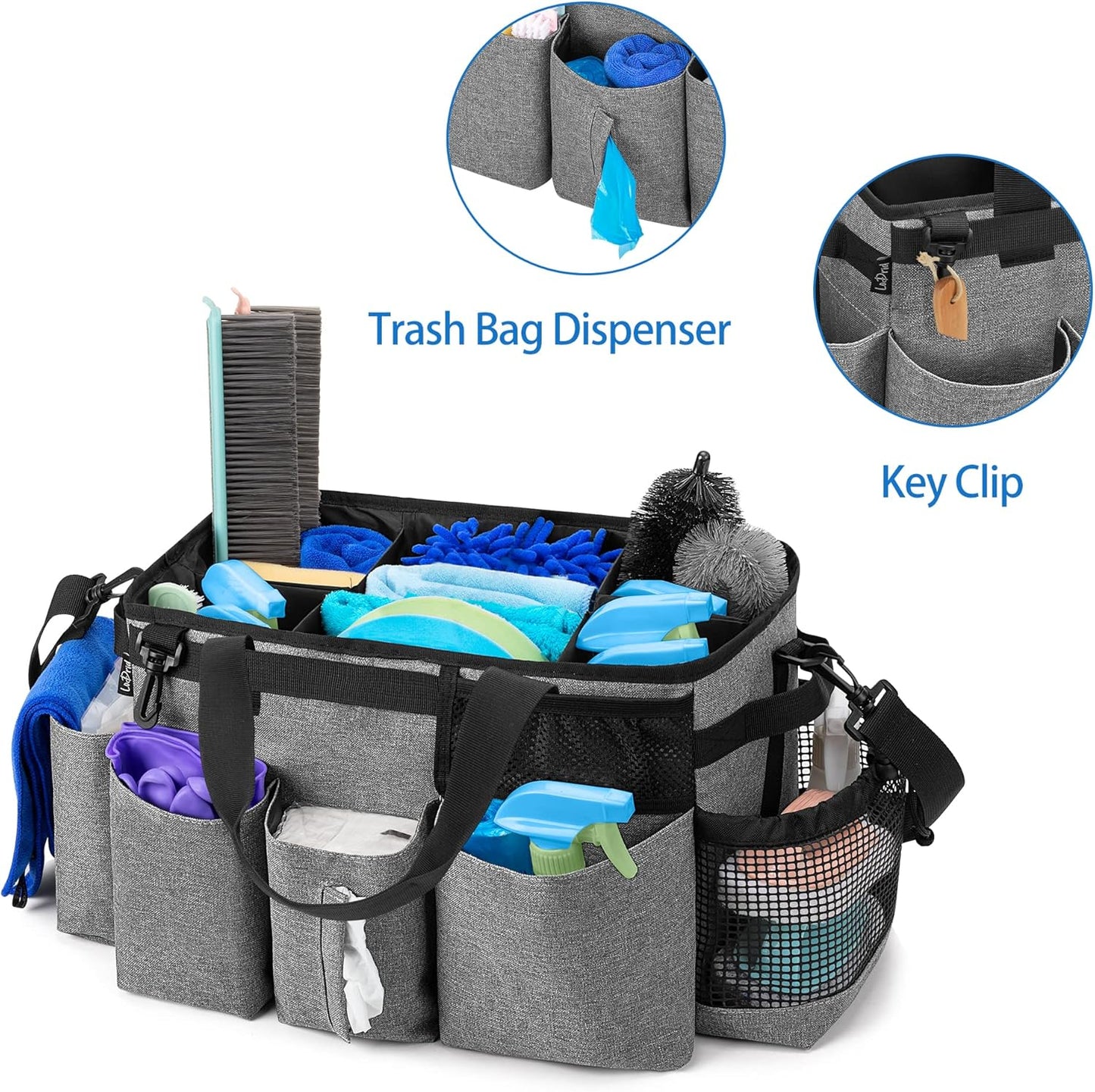 LoDrid Wearable Cleaning Caddy Bag with 4 Foldable Dividers, Cleaning Supply Organizer with Shoulder Strap and Side Handles for Cleaners & Housekeepers, Grey