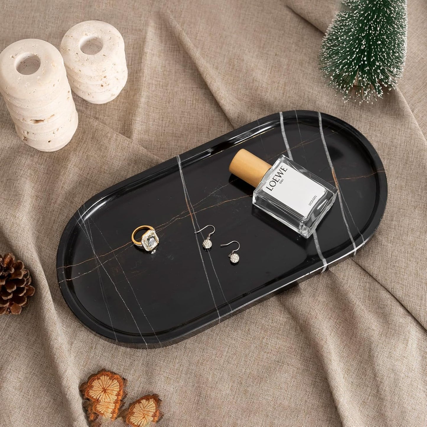 Koville Natural Black Marble Tray, 12"x6" Decorative Tray for Countertop, Catchall for Perfume, Candles, Jewelry Dish