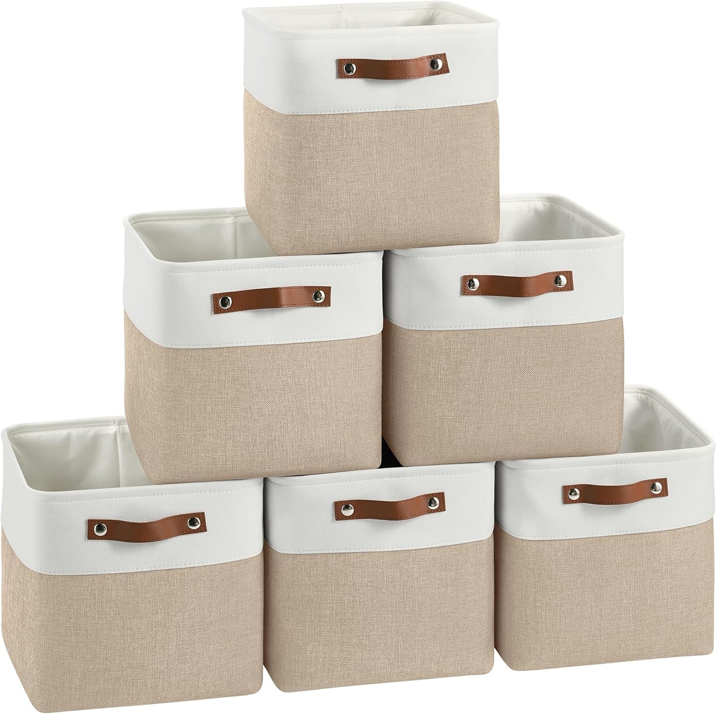 Cube Storage Baskets 6 Pack, 11x11 inch Foldable Cube Storage Bins with Leather Handles for Shelf Closet Nursery Toys (White/ Khaki)