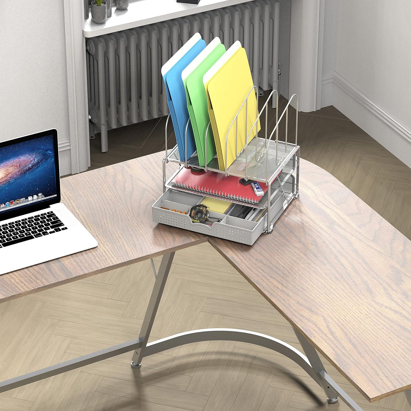 Deco Brothers Desk File Organizer with Letter Tray and 5 Upright File Stand, Silver