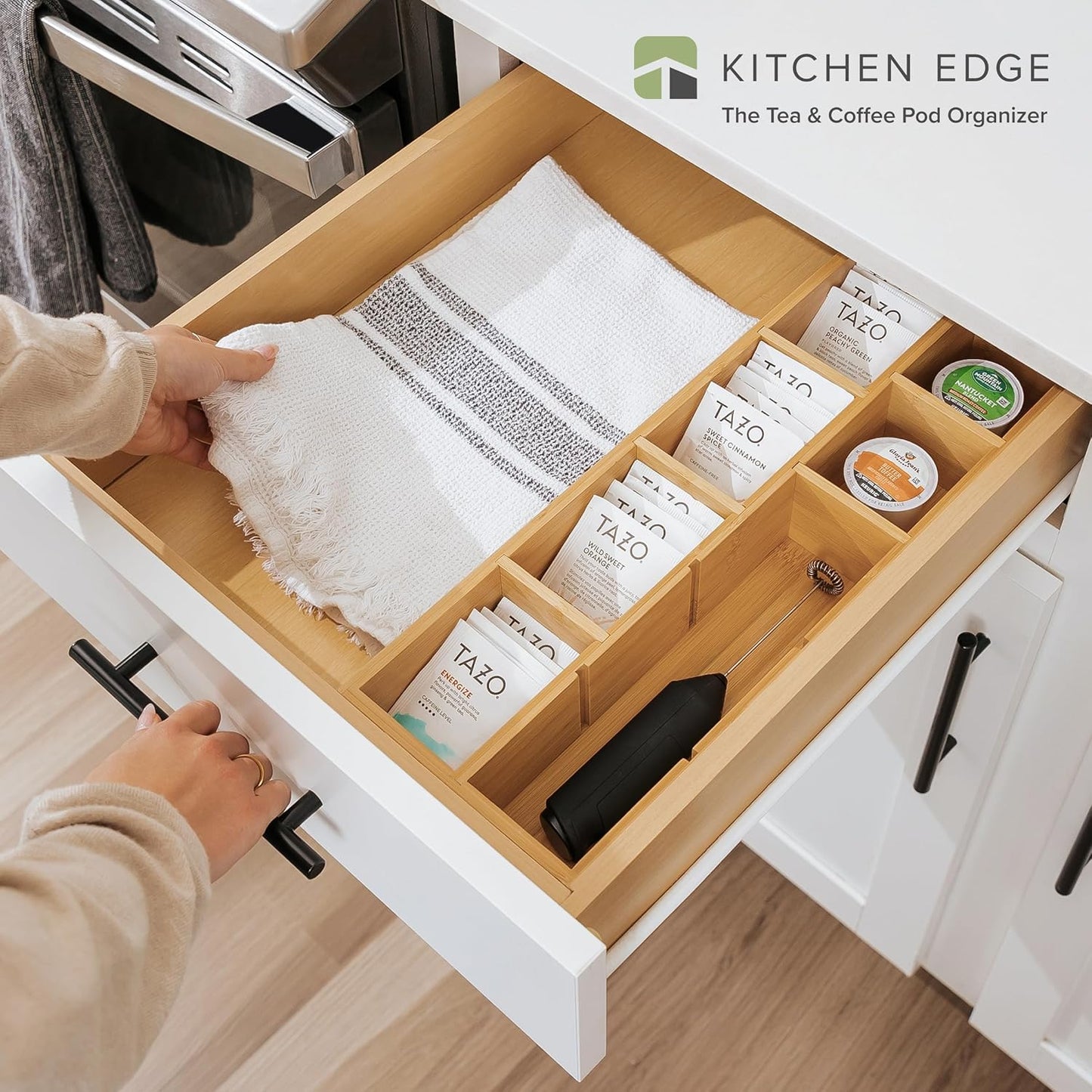 KitchenEdge Premium Tea Bags and Coffee Pods Drawer Organizer – Small 9-Compartment Design with Removable Wall Inserts, Non-Slip Feet, 100% Sustainable Bamboo