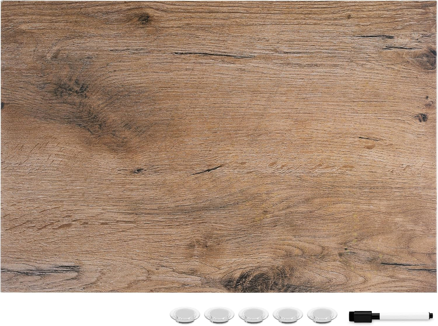 Navaris Magnetic Dry Erase Board - 16 x 24 inches Decorative White Board for Wall with Design, Includes 5 Magnets and Marker - Dark Wood