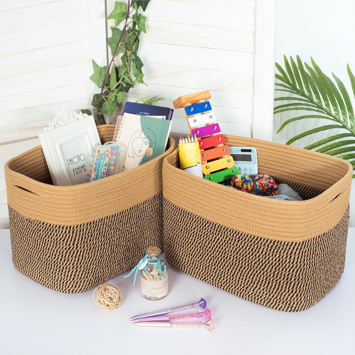 MINTWOOD Design 3-Pack Storage Baskets for Shelves, Decorative Baskets for Organizing, Woven Baskets for Storage, Book Basket Cube Storage Bin Box, Pantry Closet and Shoe Organizers, Black Jute