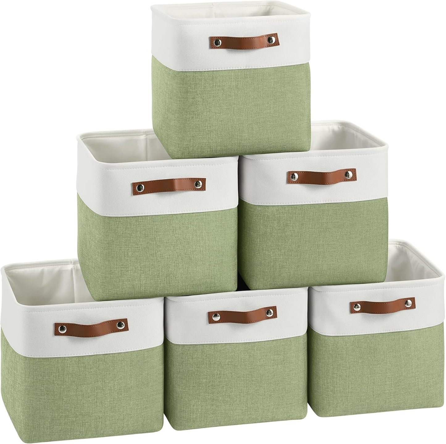 Cube Storage Baskets 6 Pack, 11x11 inch Foldable Cube Storage Bins with Leather Handles for Shelf Closet Nursery Toys (White/ Green)