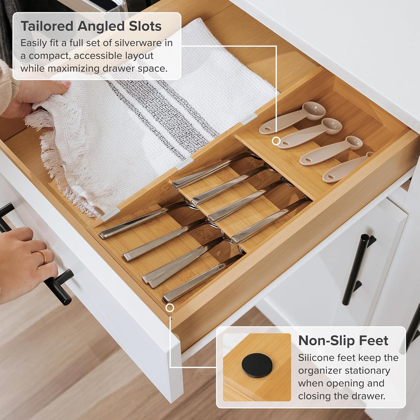 KitchenEdge Premium Cutlery, Flatware, and Silverware Drawer Organizer – Slanted 3-Compartment Design with Labeled Slots, Non-Slip Feet, 100% Sustainable Bamboo