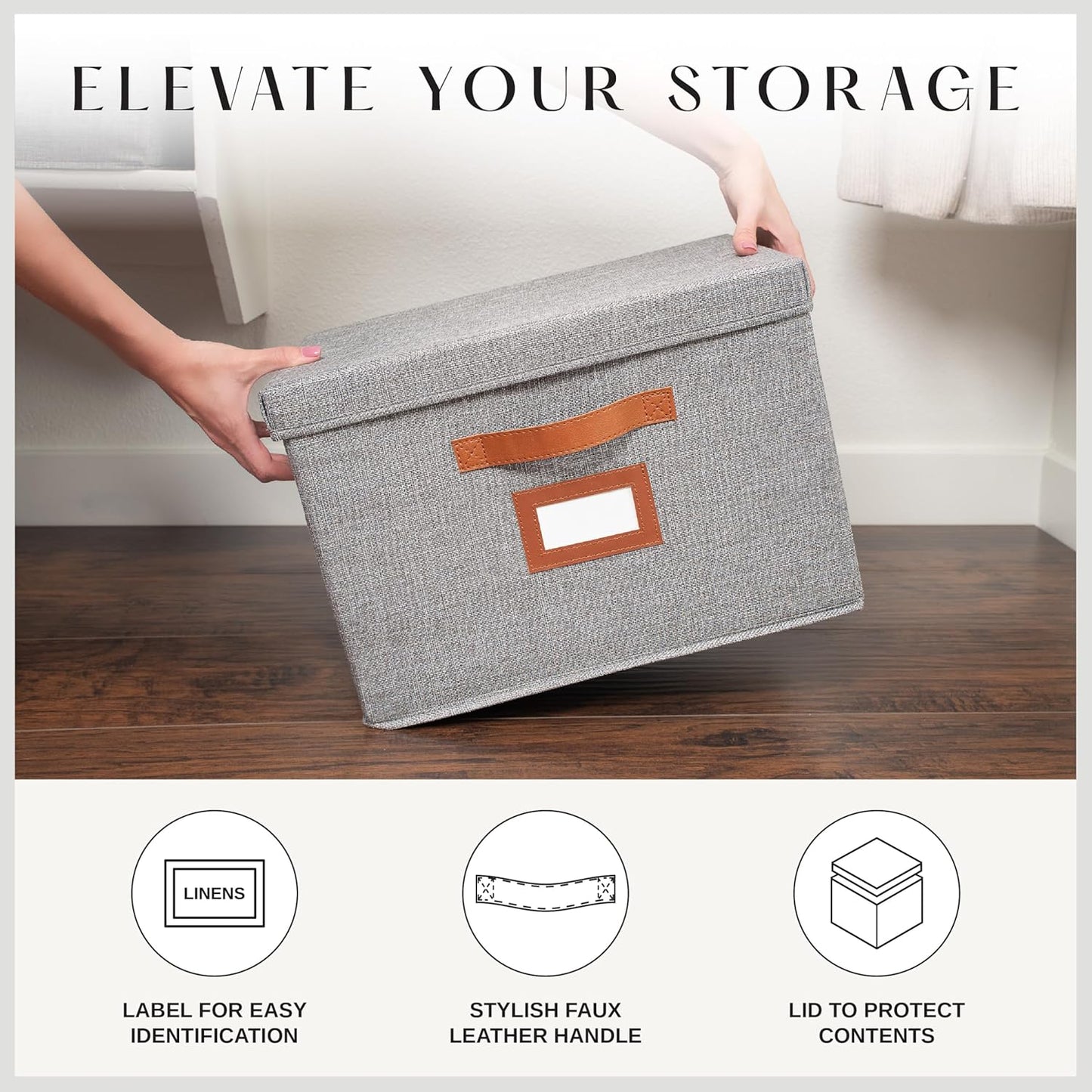 3 Pack Large Fabric Storage Box with Lid - Decorative Bin with Lid, Label Holder, Faux Handles - Large Decorative Storage Boxes with Lids for Organizing Clothes, Blankets - Steel Gray