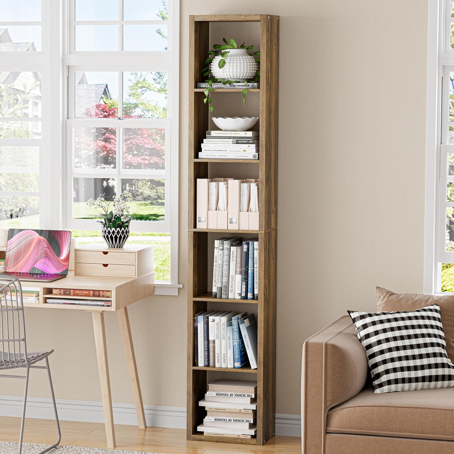 Tall Cube Storage Organizer Bookcase, 6 Tier 11 inch Open Back Cubical Shelf with Thickened Border, Display Bookshelf for Living Room, Home Office, Sturdy Room (Brown, 6 Cube,Vertical)