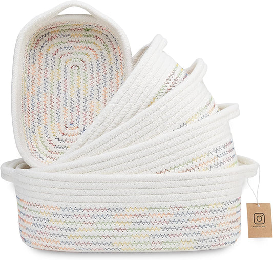 NaturalCozy 5-Piece Rectangle Storage Basket Set- Natural Cotton Rope Woven Baskets for Organizing! Small Basket for Montessori, Baby Nursery, Dog Toy Baskets, Cat Toy Box, Bathroom Organization Bin
