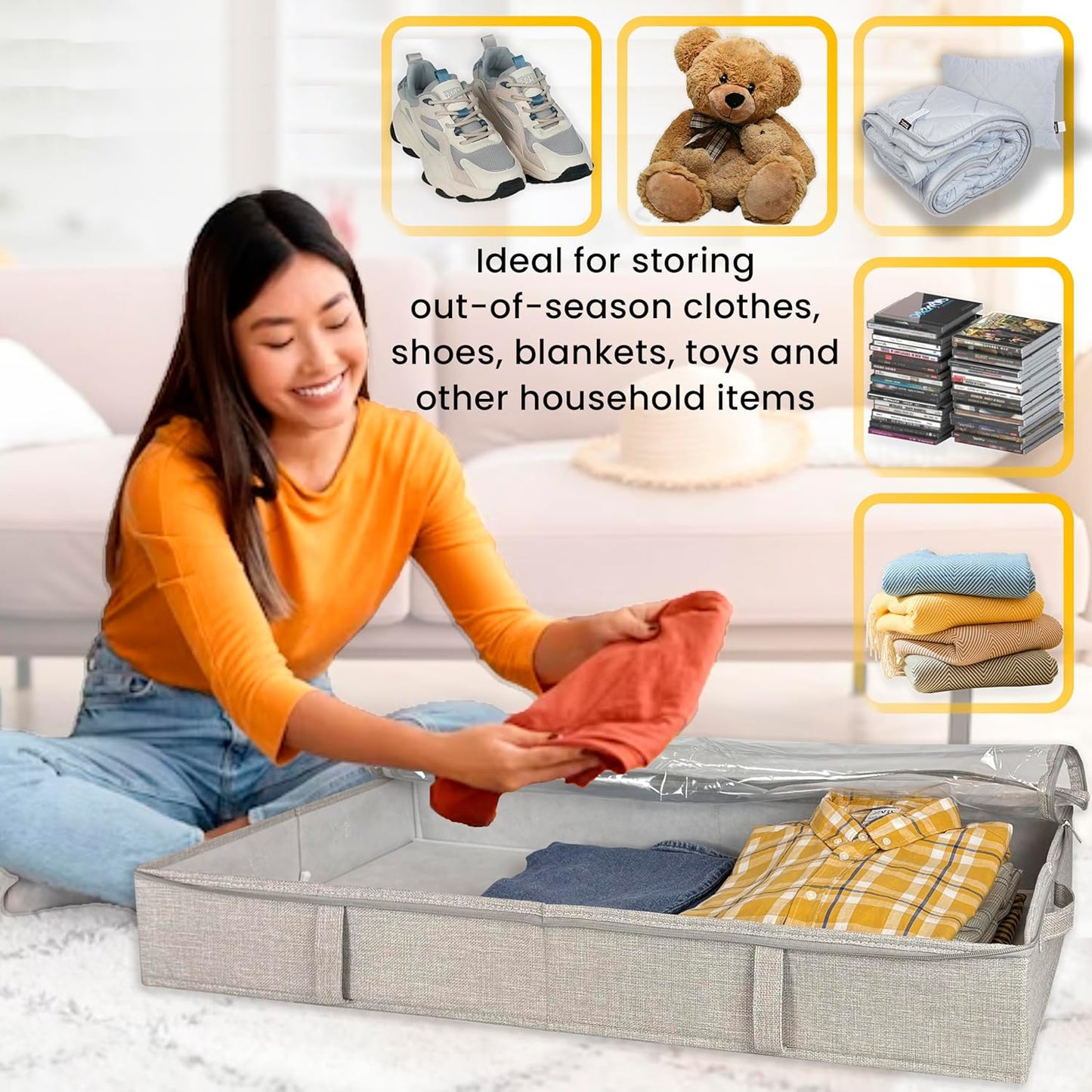 Light Gray & White Low Profile Under Bed Storage Containers 5 inches high, 33.8"x 17.7"x 5.1", Sturdy Underbed Shoe Storage Organizer, Foldable Fabric Under the Bed Storage Bins - Pack of 2