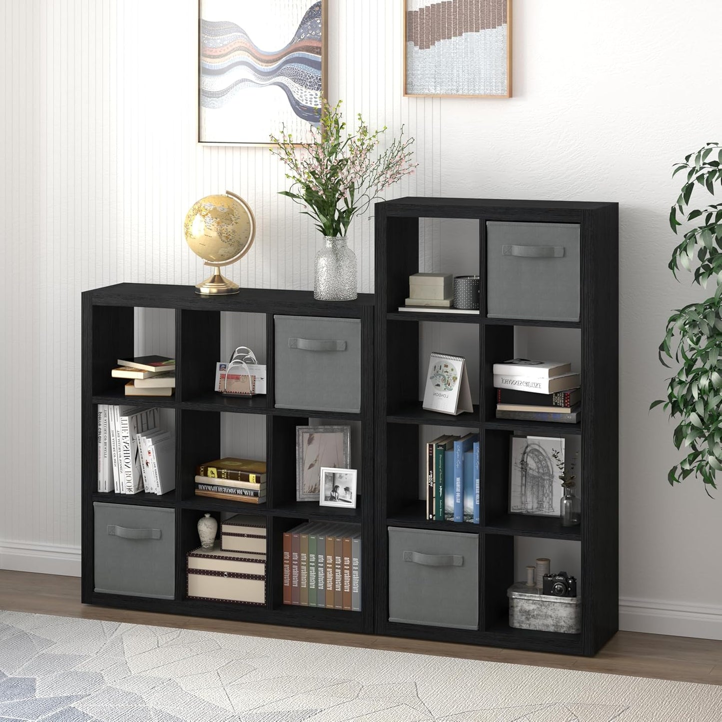 Bookshelf Cube Storage Organizer, 8-Cube Shelf Bookcase with Storage Bin, Modern Wood Open Shelf for Living Room, Bedroom, Home Office,Black