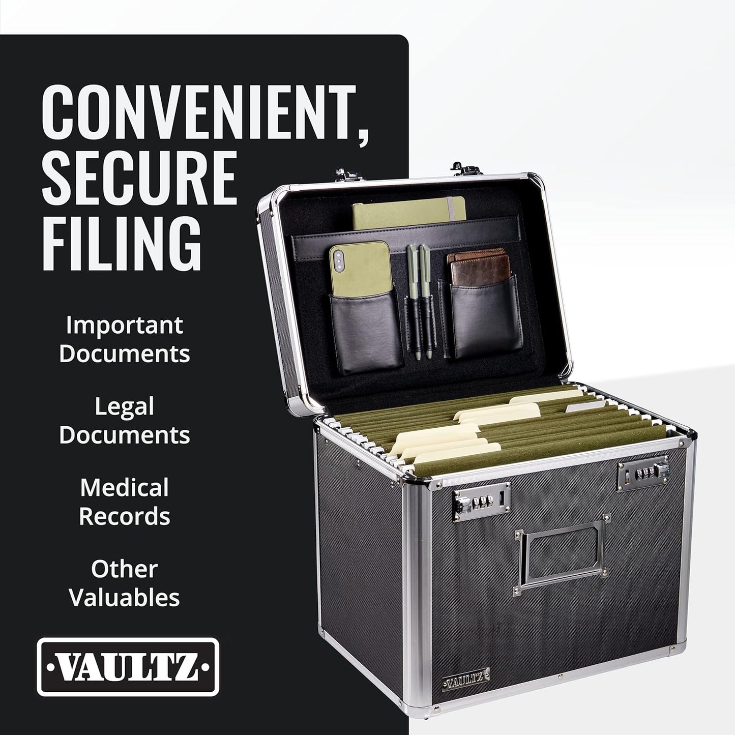 Vaultz Locking File Organizer Box - 13.5 x 13.25 x 10.5 Inch Large, Portable Locking Storage Box for Filing Letters & Documents w/Combination Lock, Black