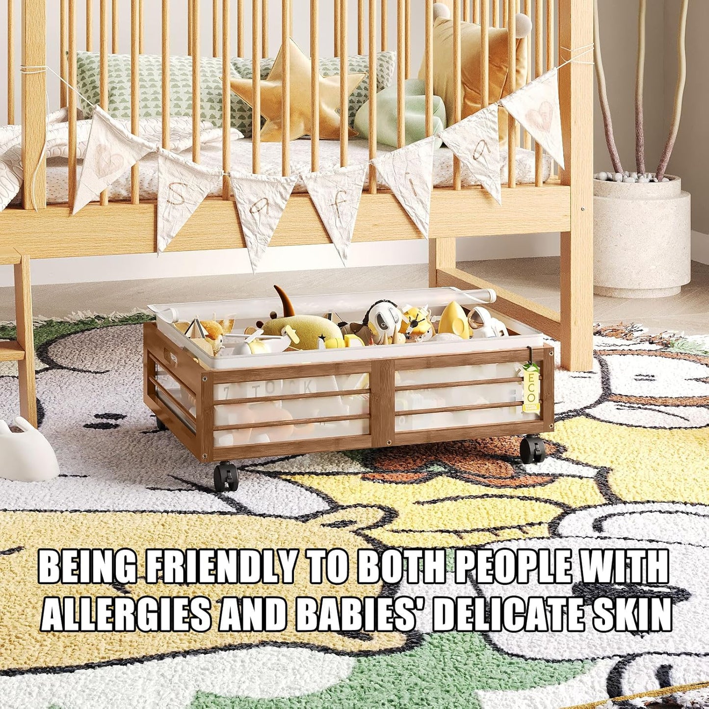 Bamboo Underbed Storage Containers with Wheels & Bag 2 Pack, Large Under Bed Rolling Storage Bins Wood Under Bed Clothes Storage Stackable Drawers for Bedroom Closet Under Crib Toy(Walnut)