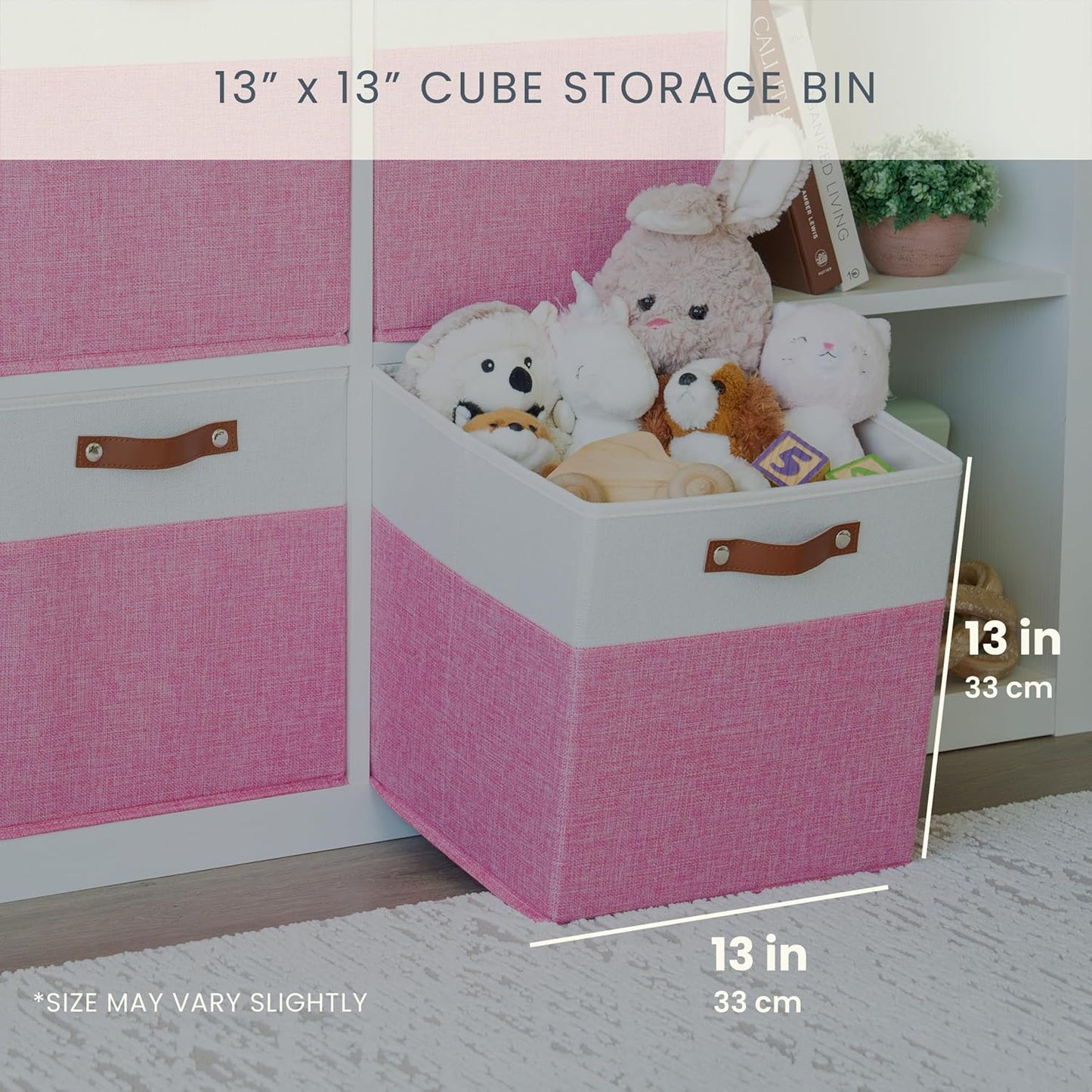 OrganiHaus 13" x 13" x 13" Cube Fabric Storage Bins Set of 4, Fabric Storage Cubes w/ Vegan Handles, 13 inch Collapsible Bins for Clothes & Toy Organizer, 13x13 Basket for Decor - Pink/White
