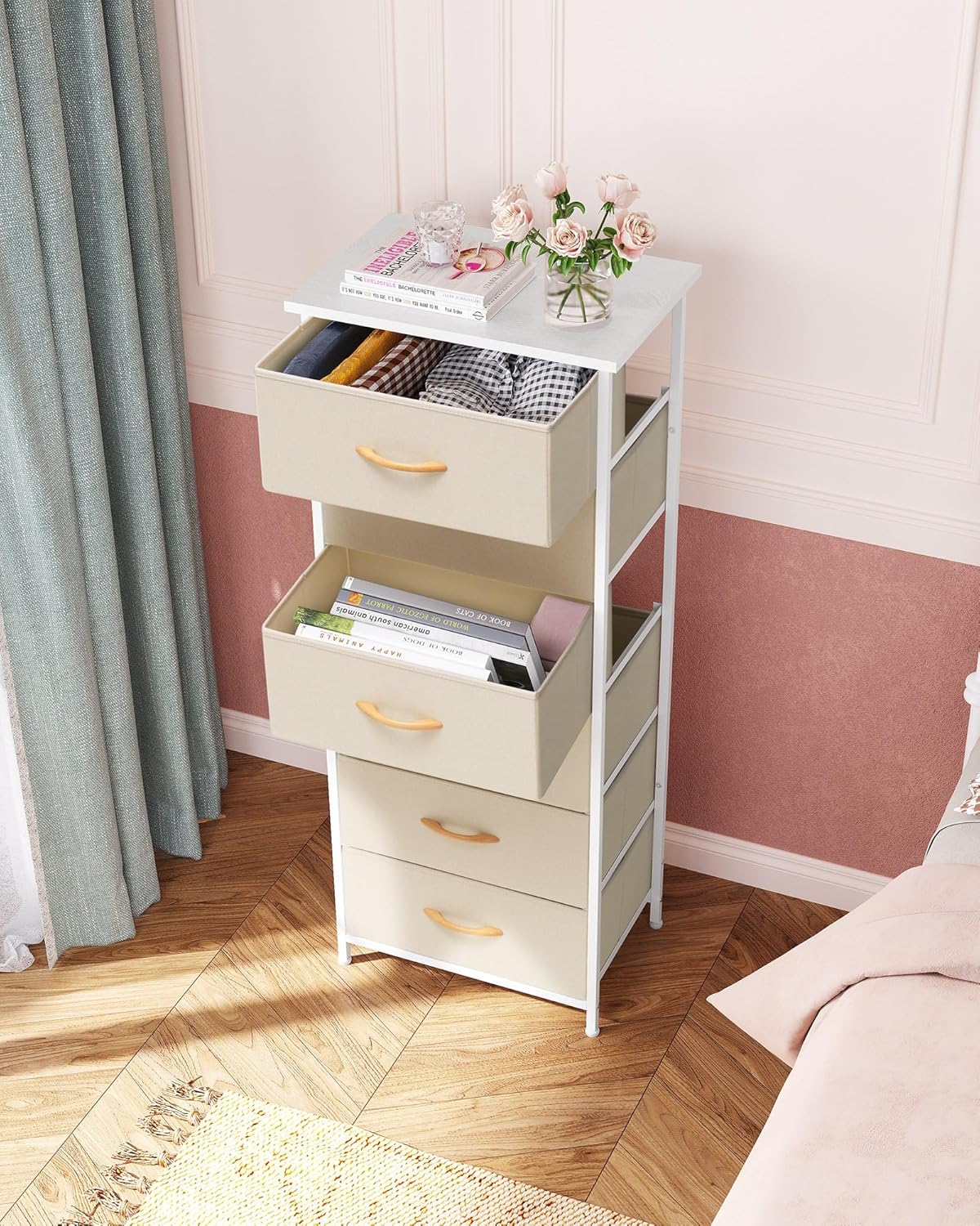 Crestlive Products Tall Dresser for Closet, Vertical Storage Tower - Sturdy Steel Frame, Wood Top, Easy Pull Fabric Bins Handles - Organizer Unit for Bedroom, Hallway, Entryway - 6 Drawers (Beige)