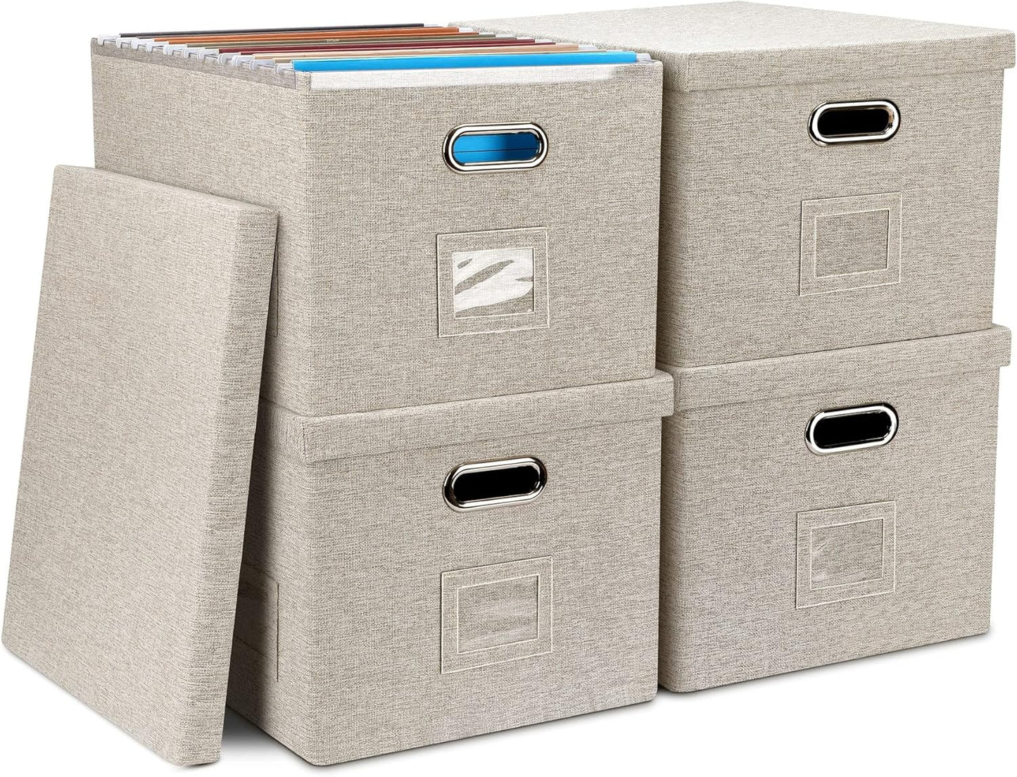 4-Pack Modern Minimalist Beige Collapsible Linen File Folder Box Office Document Storage Filing Bin with Lid for Letter Legal Size Hanging Folders
