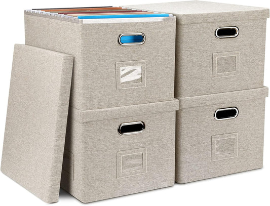 4-Pack Modern Minimalist Beige Collapsible Linen File Folder Box Office Document Storage Filing Bin with Lid for Letter Legal Size Hanging Folders