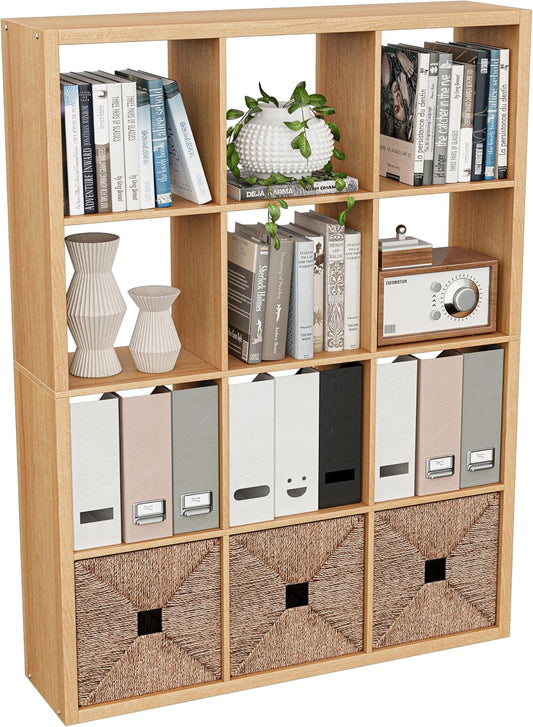 Cube Storage Organizer Bookcase, Decorative 11 inch Open Back Cubical Shelf with Thickened Border, Display Bookshelf for Living Room, Home Office, Sturdy Room (Natural Oak, 12 Cube)