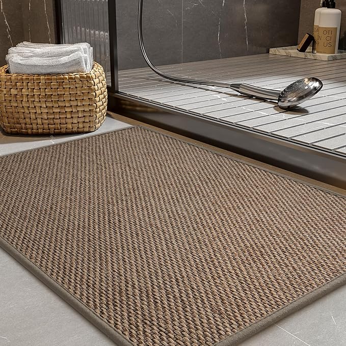 PADOOR Non-Slip Bath-Mats, Rubber-Backing Braided Absorbent Bathroom Mat Machine Washable Thin Bathroom Rugs Fit Under Door Quick Dry Bath Rugs for Floor, 17''x24'' Brown