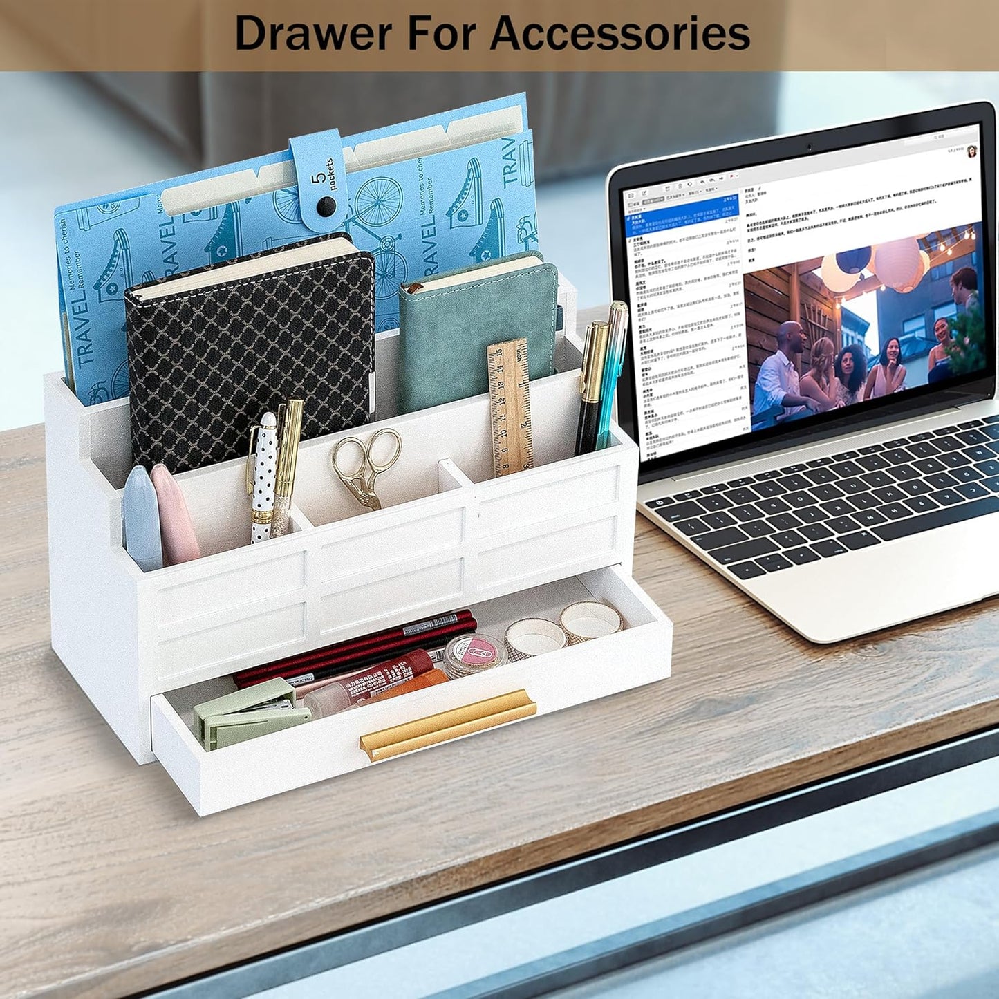 white Wood Desk Organizer and Accessories with Drawer, Bill Mail Organizer and File Mail Holder for Office Supplies, Rustic Desk Accessories & Workspace Organizers for Desk Organization