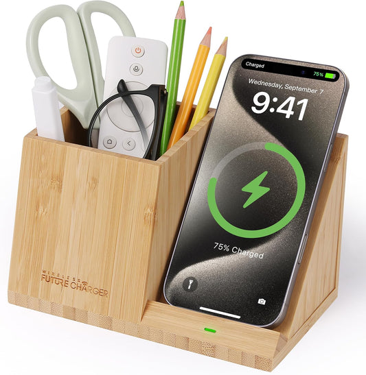 Bamboo Pen Holder for Desk & Nightstand Organizer with Fast Wireless Charging for iPhone, Samsung & More – Office Desk Accessories for Men/Women (Bamboo)
