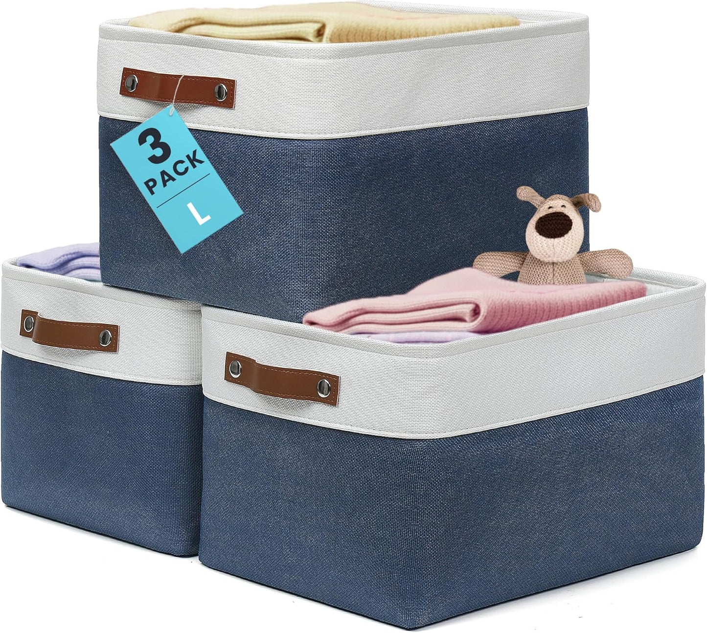 OrganiHaus Large Fabric Storage Baskets for Shelves 3 Pack, 15x11in Closet Storage Bins for Shelves, Canvas Baskets for Organizing, Linen Closet Organizers, Cloth Basket, Navy Blue/Off-White