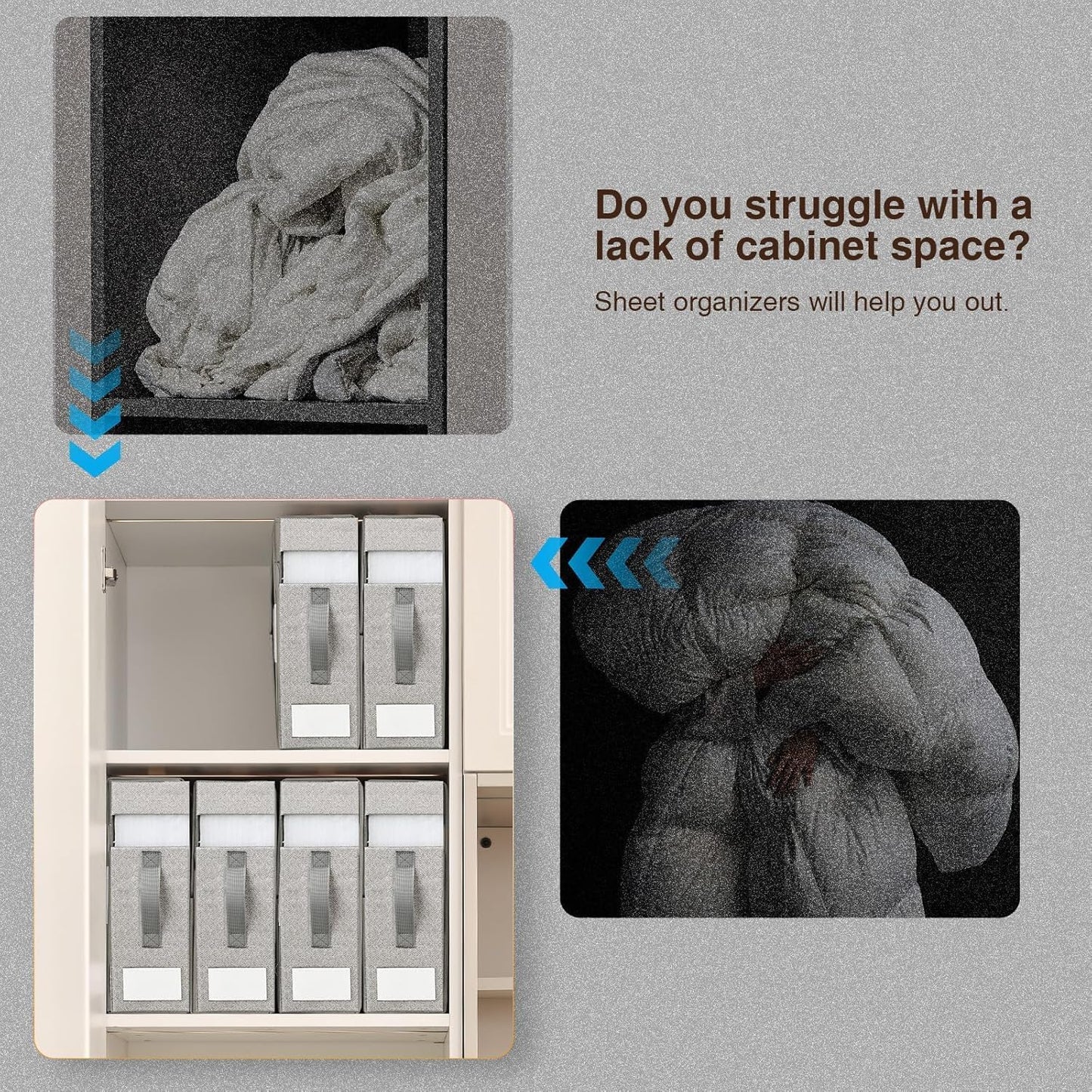 DIMJ Bed Sheet Organizers and Storage 6 Pack - Foldable Sheet Organizer for Linen Bedding Storage Box for organization, Sheets Set Holder for Blanke, Towel (King & Queen Size), Blended Grey