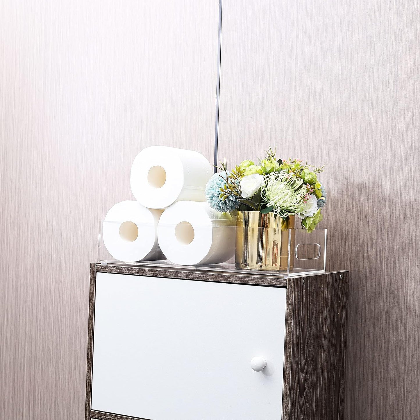 IEEK Toilet Paper Basket,Acrylic Toilet Paper Holder with Storage Modern Bathroom Tray with Handle and Non-Slip Mats for Toilet Tank Top Decorative,Clear Vanity Tray for Home Decor…