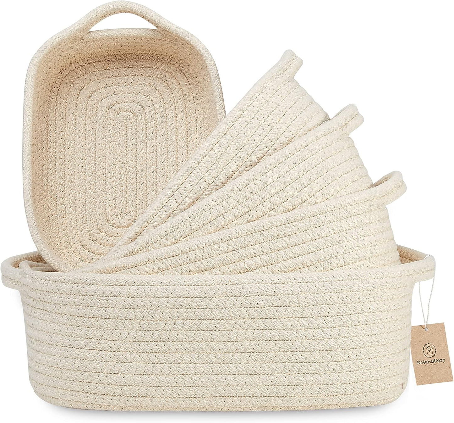NaturalCozy 5-Piece Rectangle Storage Basket Set- Natural Cotton Rope Woven Baskets for Organizing! Small Basket for Montessori, Baby Nursery, Dog Toy Baskets, Cat Toy Box, Bathroom Organization Bin