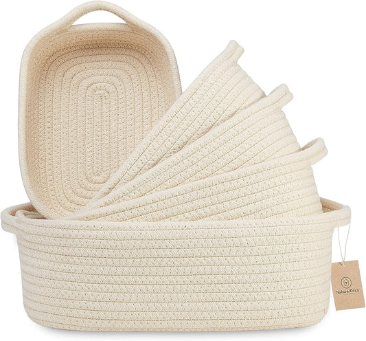 NaturalCozy 5-Piece Rectangle Storage Basket Set- Natural Cotton Rope Woven Baskets for Organizing! Small Basket for Montessori, Baby Nursery, Dog Toy Baskets, Cat Toy Box, Bathroom Organization Bin