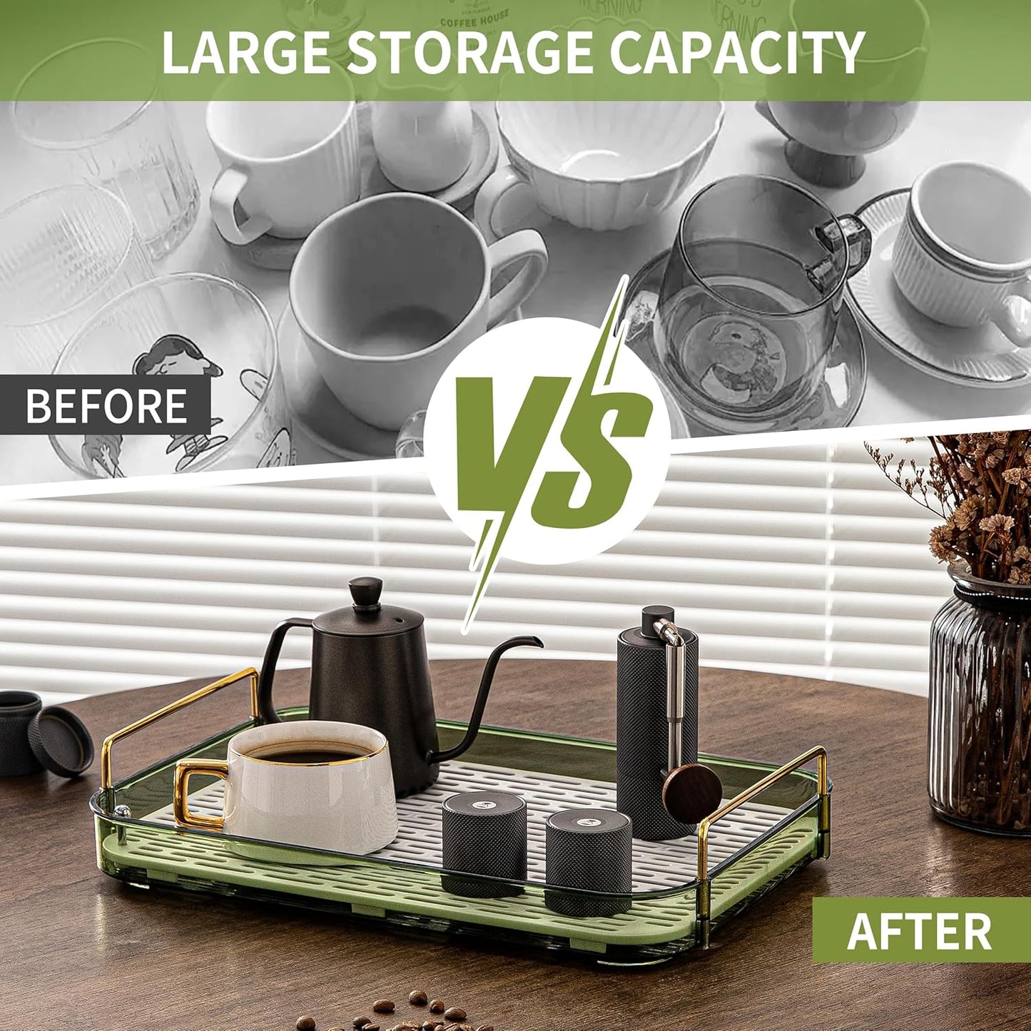 Coffee Bar Accessories, Station Organizers,Large Capacity Storage with Drain Board,Whisky Tray,Mug Tea Cup Holder Coffee Bar Organizer, Retro Green