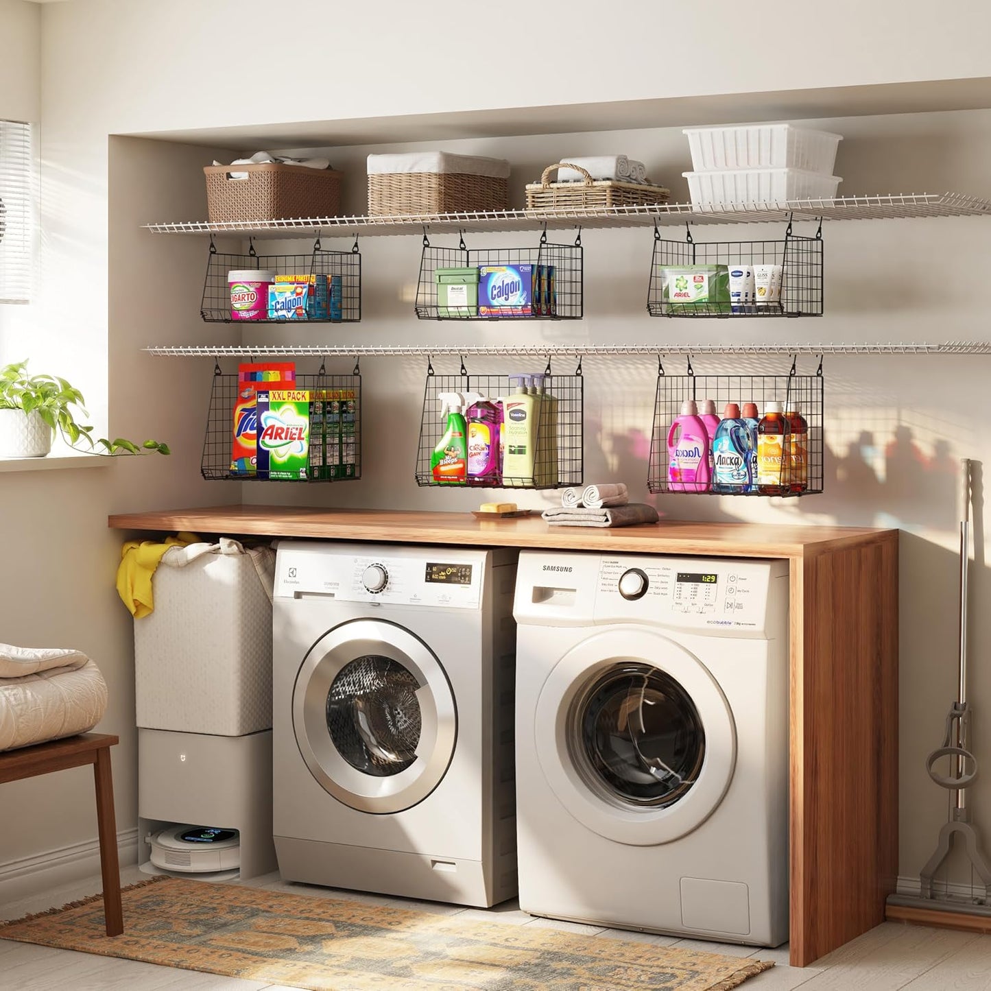 4-Pack Hanging Laundry Room Organizer：Foldable Laundry Room Organizaton Wire Basket with 360°Rotating Hooks Space Saving Over Washer and Dryer Shelves - Metal Laundry Basket Storage, Black Patent