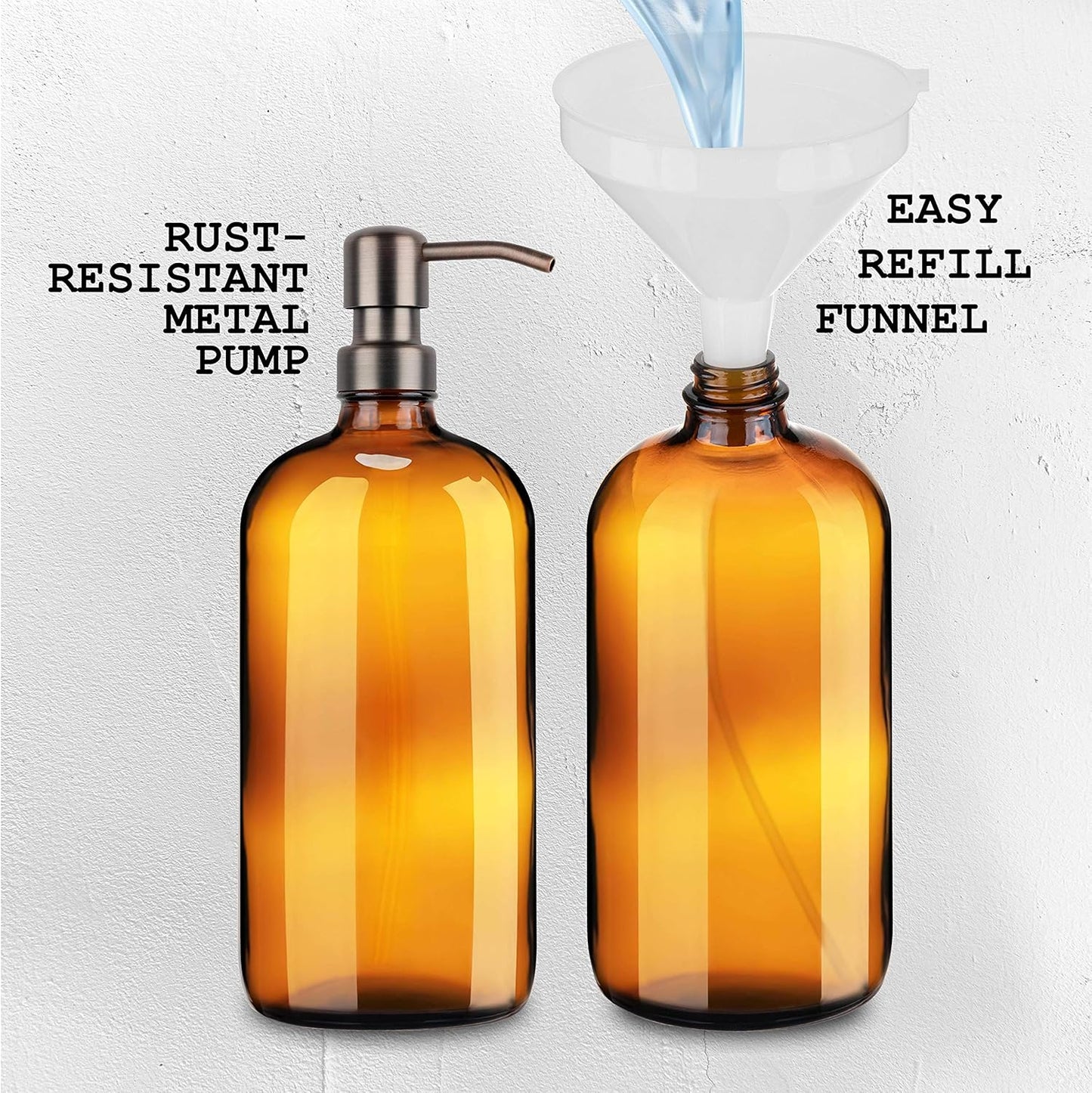 Kitchentoolz Large Pump Bottle - 32 Ounce Glass Shampoo and Soap Dispenser - Amber