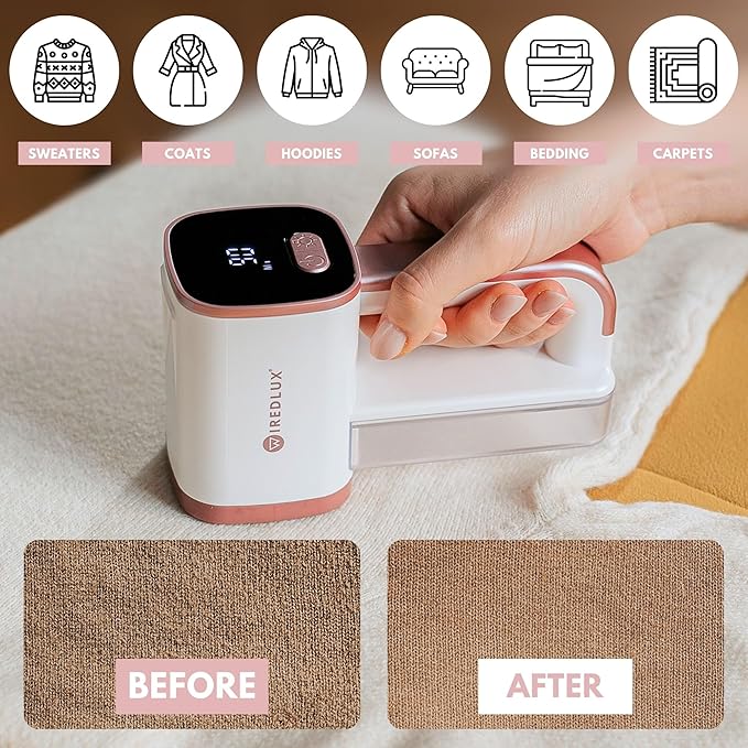 Electric Lint Remover - Rechargeable Fabric Shaver for Clothes & Couch - Adjustable 3-Speed, 6-Leaf Blade, LED Light, USB Charging - Depiller with Dual Protection (Moostone/Rose Quartz)