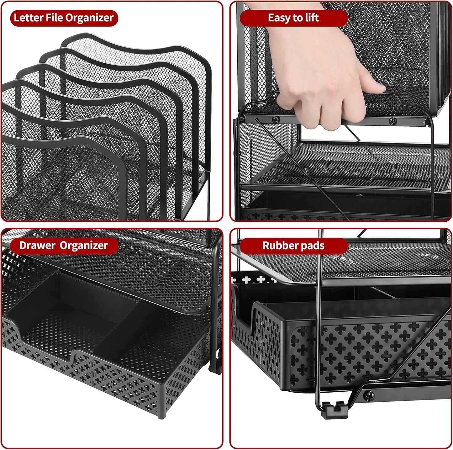 Simple Trending Mesh Desk File Organizer, Office Supplies Desktop Storage with Sliding Drawer, Double Tray and 5 Upright Section Sorter Organizer, Black