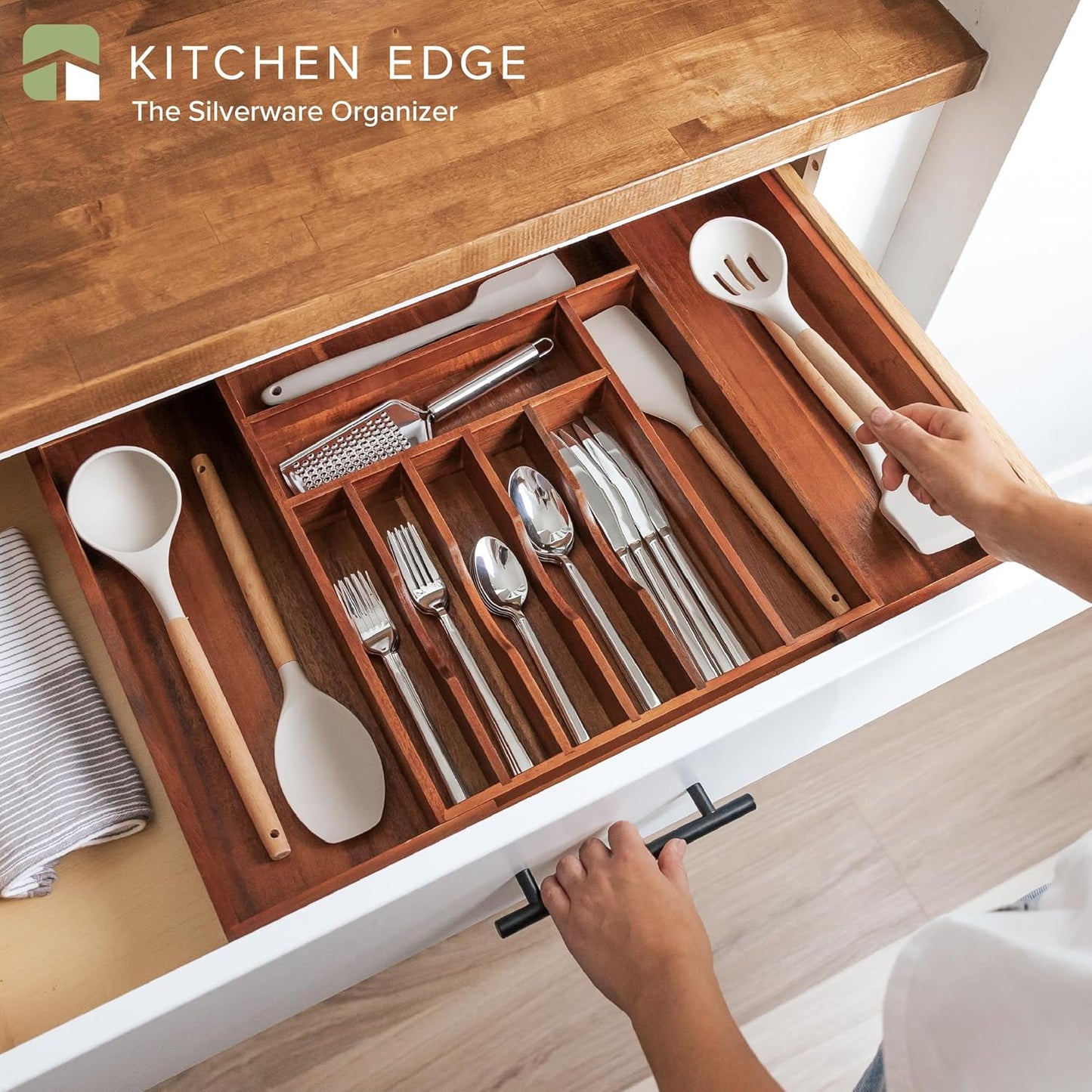 KitchenEdge Premium Silverware, Flatware and Utensil Organizer for Kitchen Drawers, Expandable 14.5 to 25 Inches Wide, 10 Compartments, Food-Safe Premium Acacia Wood Finish Kitchen Storage Tray