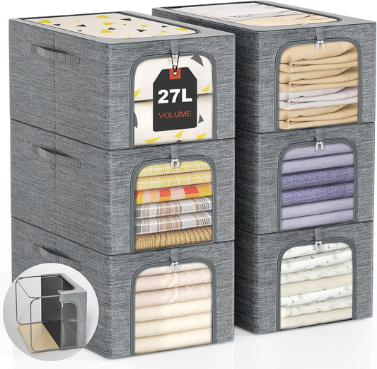 GoMaihe Clothes Storage Bins Metal Frame: 6-Pack Compact Stackable Closet Storage Bin with Lid & Clear Window, Space Saving Organizer for Sweaters Kids Clothing (Dorm/Closet 27L)