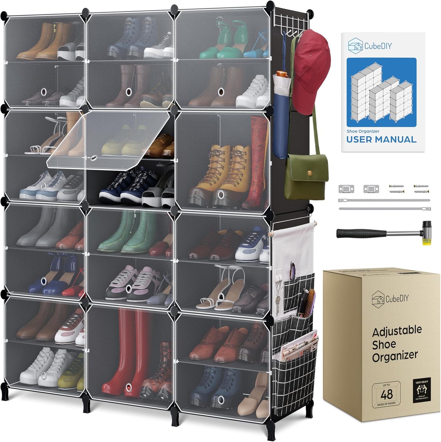 Shoe Organizer Cabinet Up to 48 Pairs, Shoe Closet-Covered Shoe Rack with See-Through Door (Clear, Plastic, Stackable) Cubby Portable Shoe Organizer with Covers, Hooks & Pockets, Black