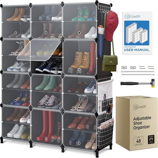 Shoe Organizer Cabinet Up to 48 Pairs, Shoe Closet-Covered Shoe Rack with See-Through Door (Clear, Plastic, Stackable) Cubby Portable Shoe Organizer with Covers, Hooks & Pockets, Black