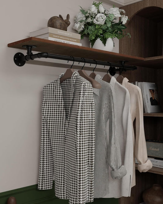 Clothes Rack 42in, Wall Mounted Garment Rack with Real Wood Shelf, Heavy Duty Hanging Clothes Rack, Multi-Purpose Hanging Rod, Space-Saving Closet Storage