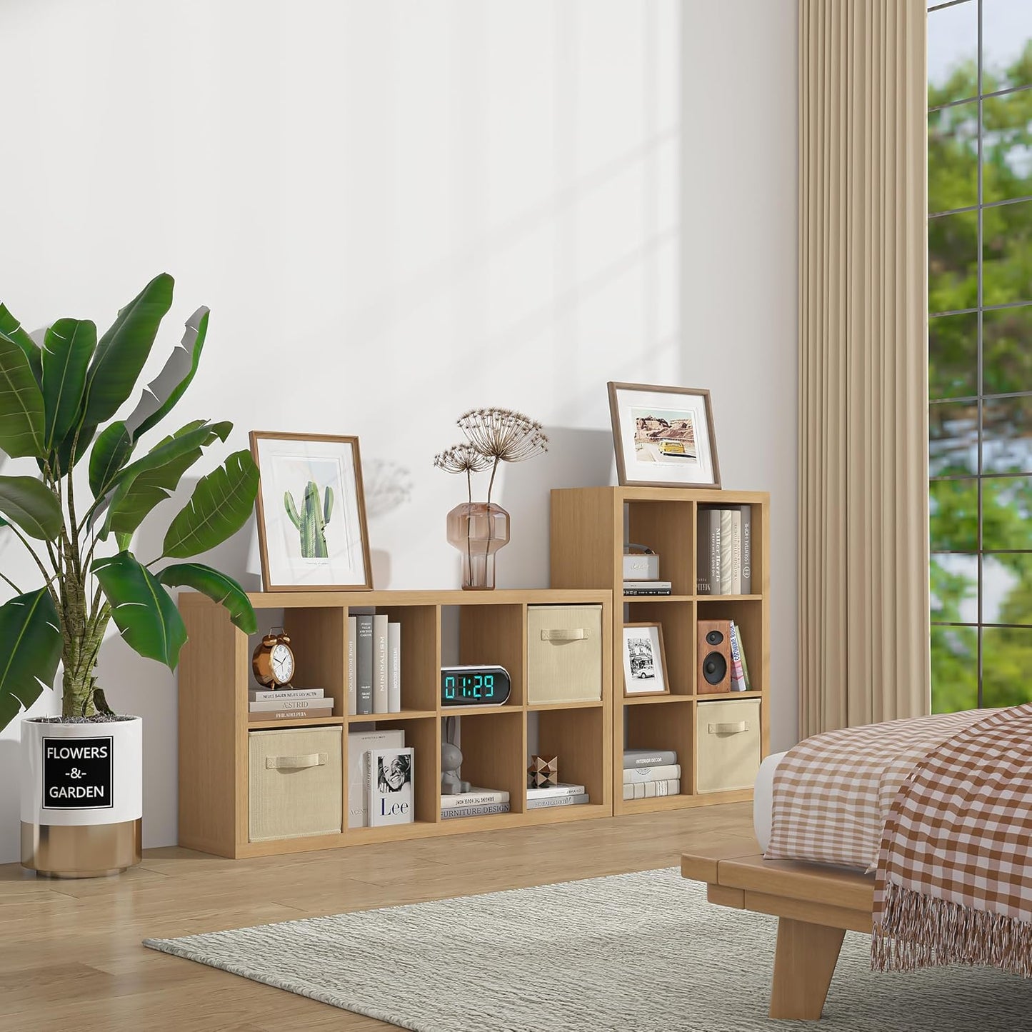 furtble Bookshelf with Storage Bin, 6-Cube Storage Organizer, Modern Wood Open Bookcase, Multifunctional Display Shelf for Living Room, Bedroom, Home Office, Oak