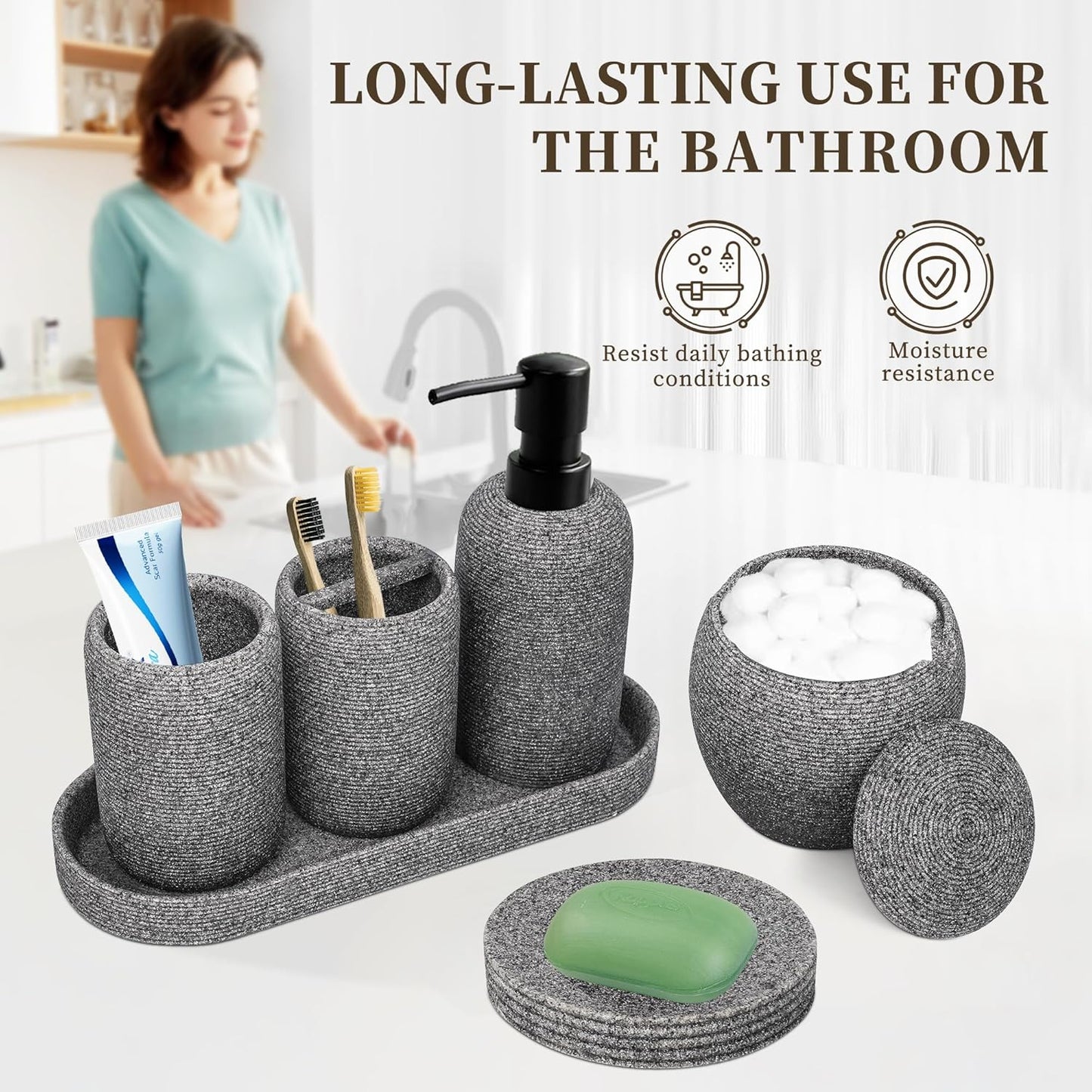 Bathroom Accessory Set - 6PCS Bathroom Accessories Set: Soap Dish, Lotion Dispenser, Toothbrush Holder, Toothbrush Cup, Vantiy Tray, Qtip Holder, Aesthetic Decor Bathroom Sets