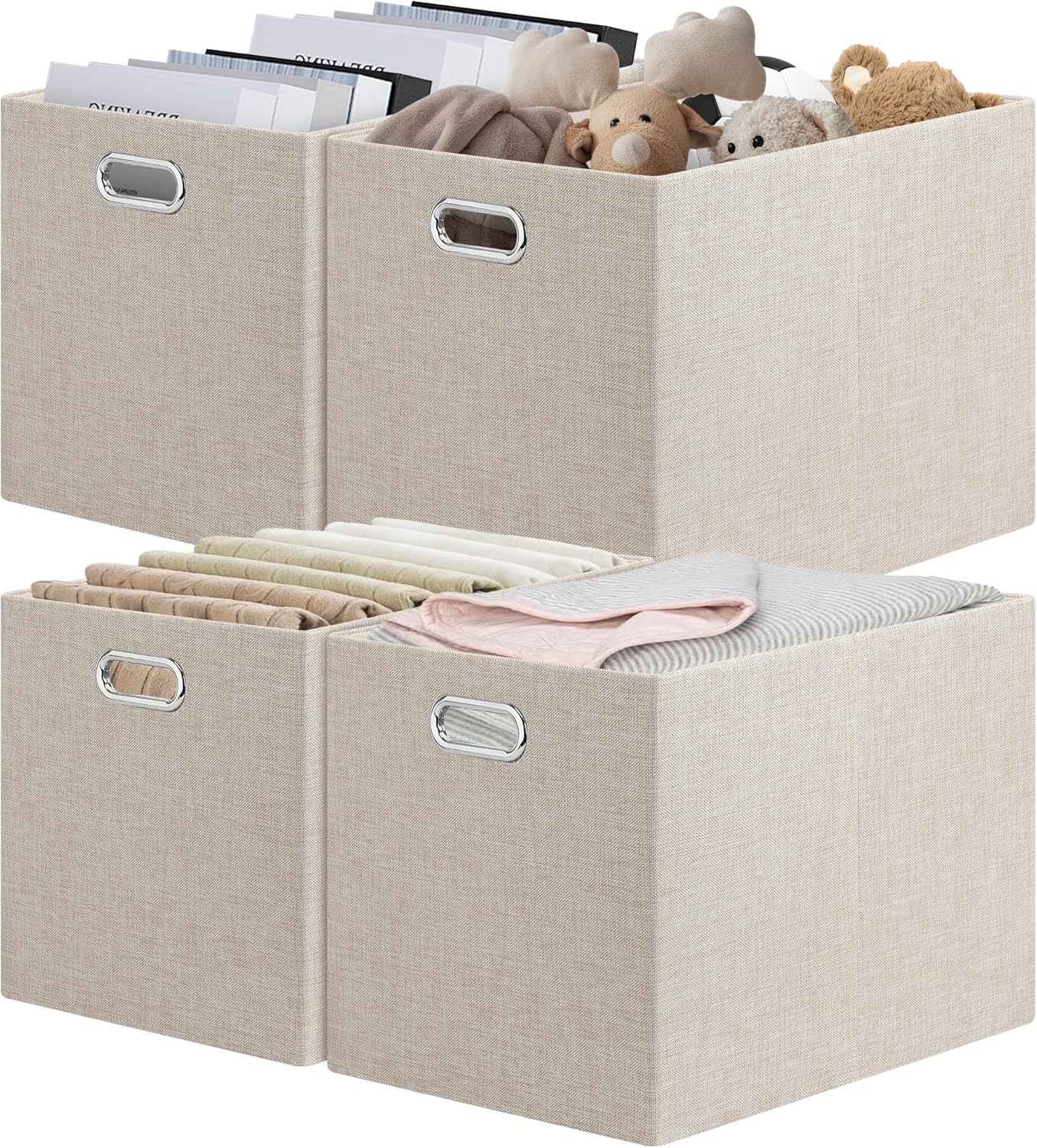 Posprica 15.12"x12.13"x12.01" Storage Cube Bins, Linen Decorative Closet Storage Organizer for IKEA Kallax, 4 Pack Fabric Foldable Large Storage Baskets for Closet, Shelves, Clothes, Toy (Beige)