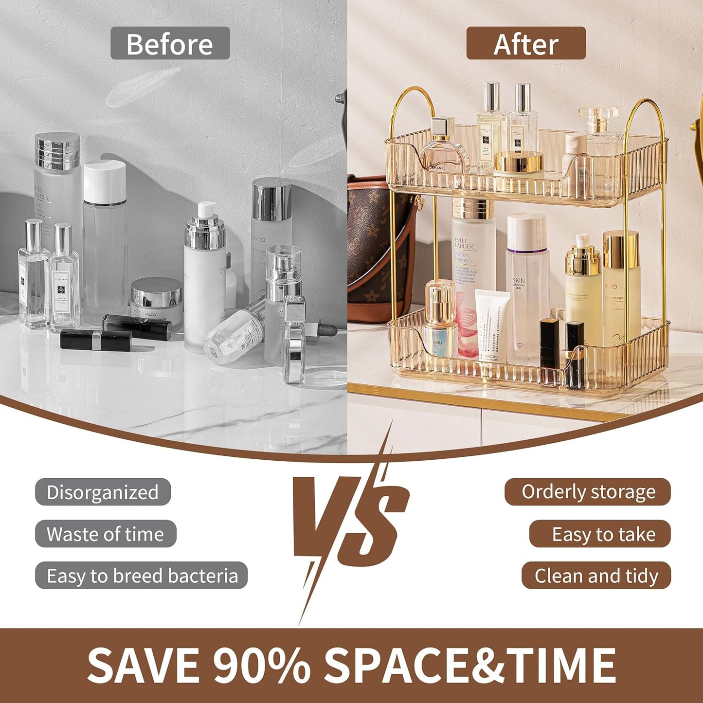 2 Tier Bathroom Organizer Countertop Makeup Perfume Tray Skincare Organizer for Bathroom Dresser Vanity (Gold)