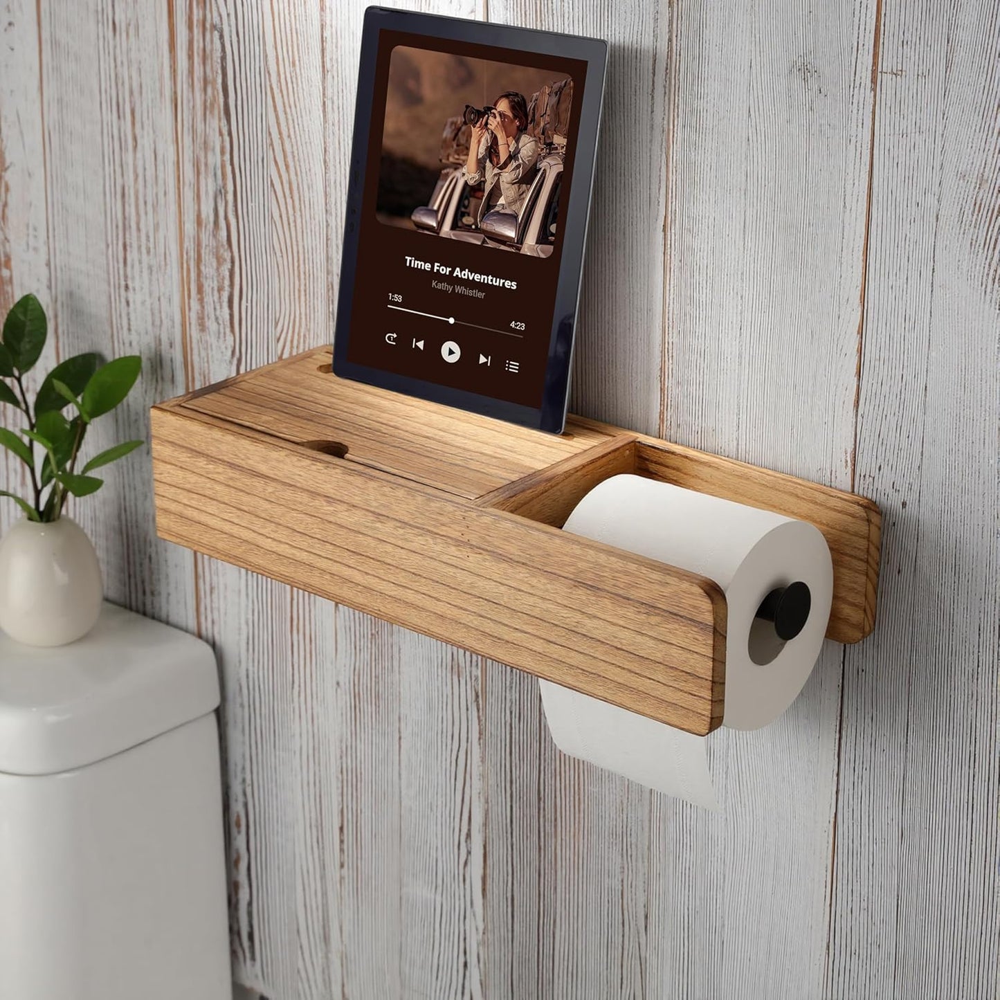 Toilet Paper Holder - Holder Phone & Wipes Holder, Adhesive Toilet Roll Holder Wooden Rustic, Hidden Storage Drawer for Wipes Tampon, Farmhouse Bathroom Decor