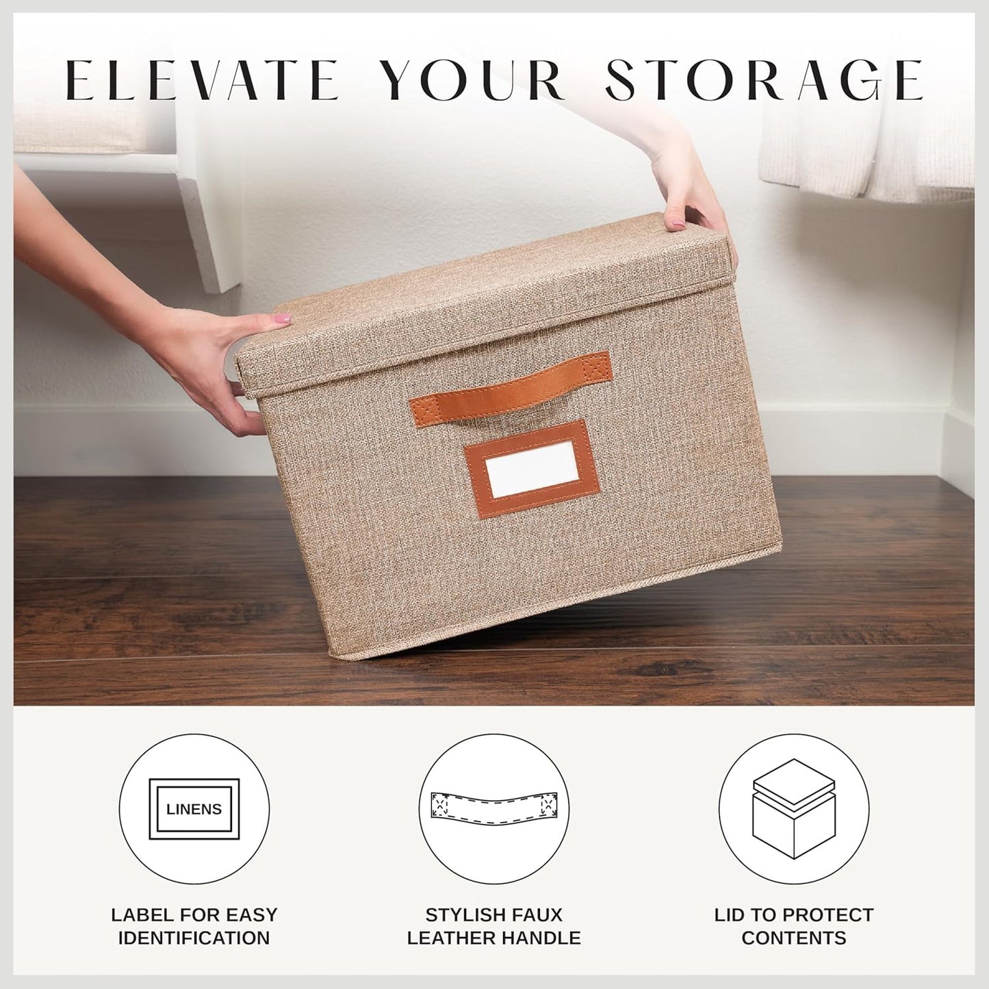 3 Pack Large Fabric Storage Box with Lid - Decorative Bin with Lid, Label Holder, Faux Handles - Large Decorative Storage Boxes with Lids for Organizing Clothes, Blankets - Oatmeal